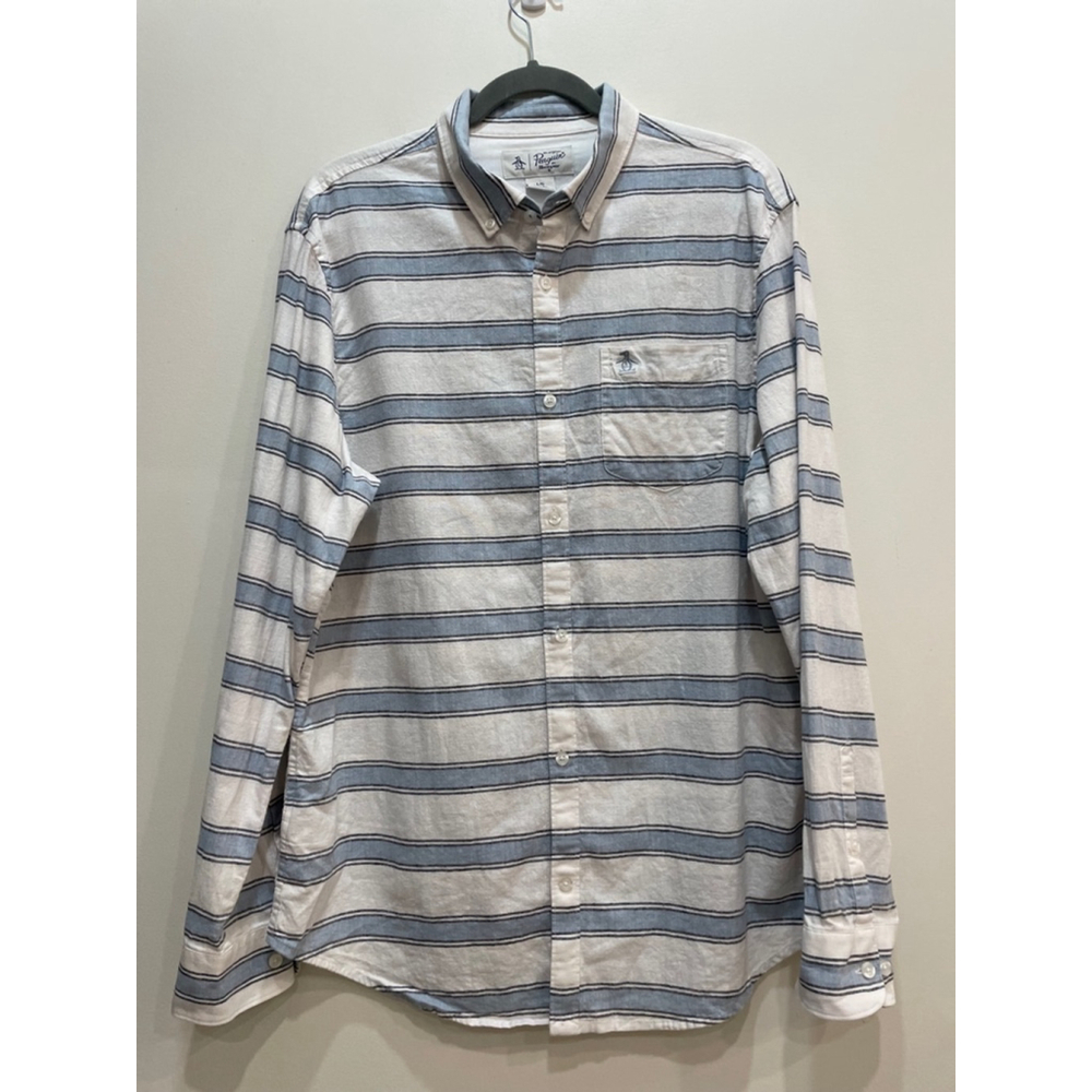 Penguin Cotton Linen Striped Casual Button Down Shirt Large Coastal Preppy